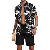 YTD Men's 2 Piece Outfits Tropical Print Short Sleeve Button Down Hawaiian Shirt and Beach Shorts Set