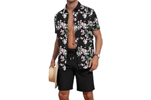YTD Men's 2 Piece Outfits Tropical Print Short Sleeve Button Down Hawaiian Shirt and Beach Shorts Set