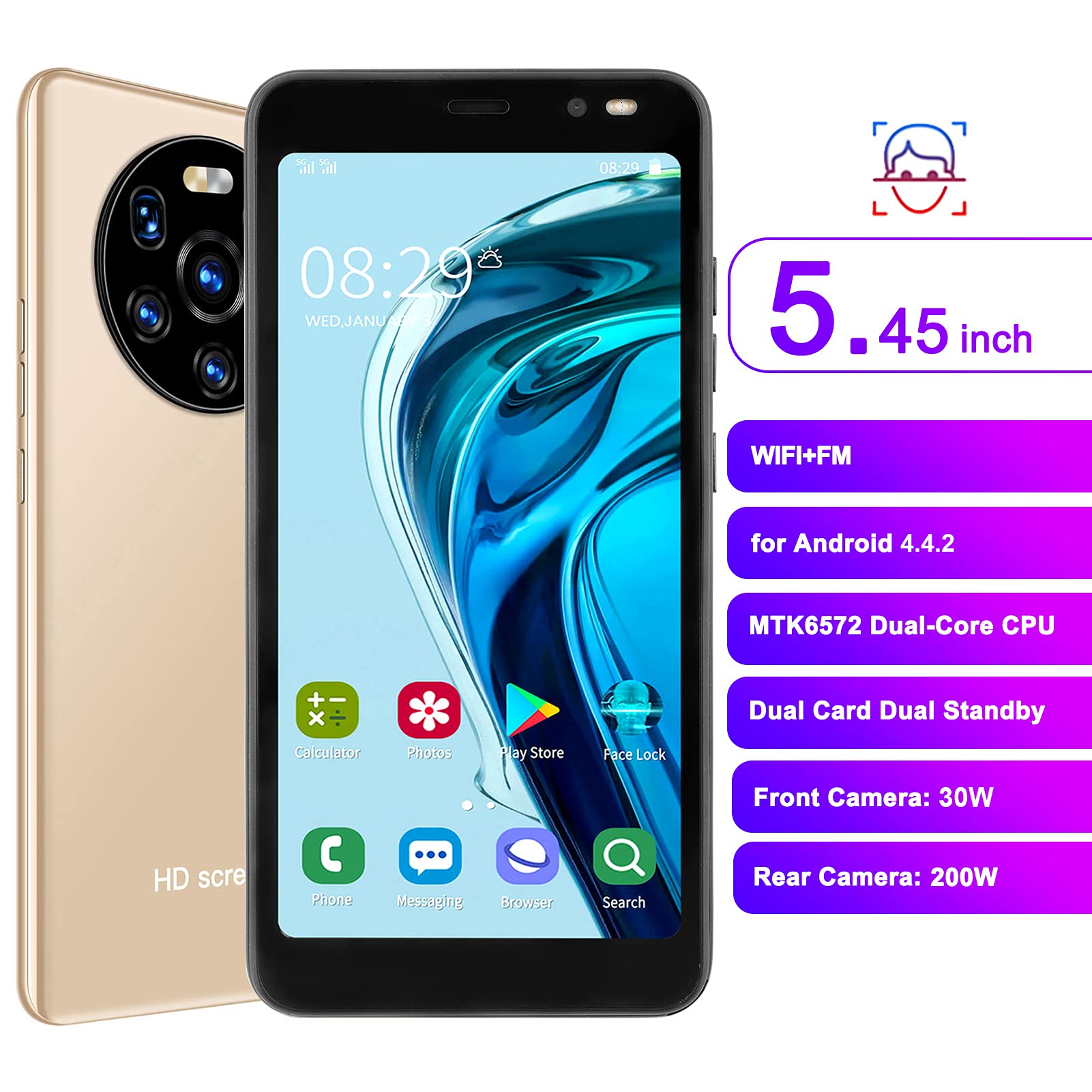 5.45in HD Full Screen Cell Phones, Mate40 Pro Dual Card Dual Standby Smartphones, 512MB+4GB Android4.4.2 Smart Phone, MTK6572 DualCore CPU, Face Recognition Unlocking(Gold)