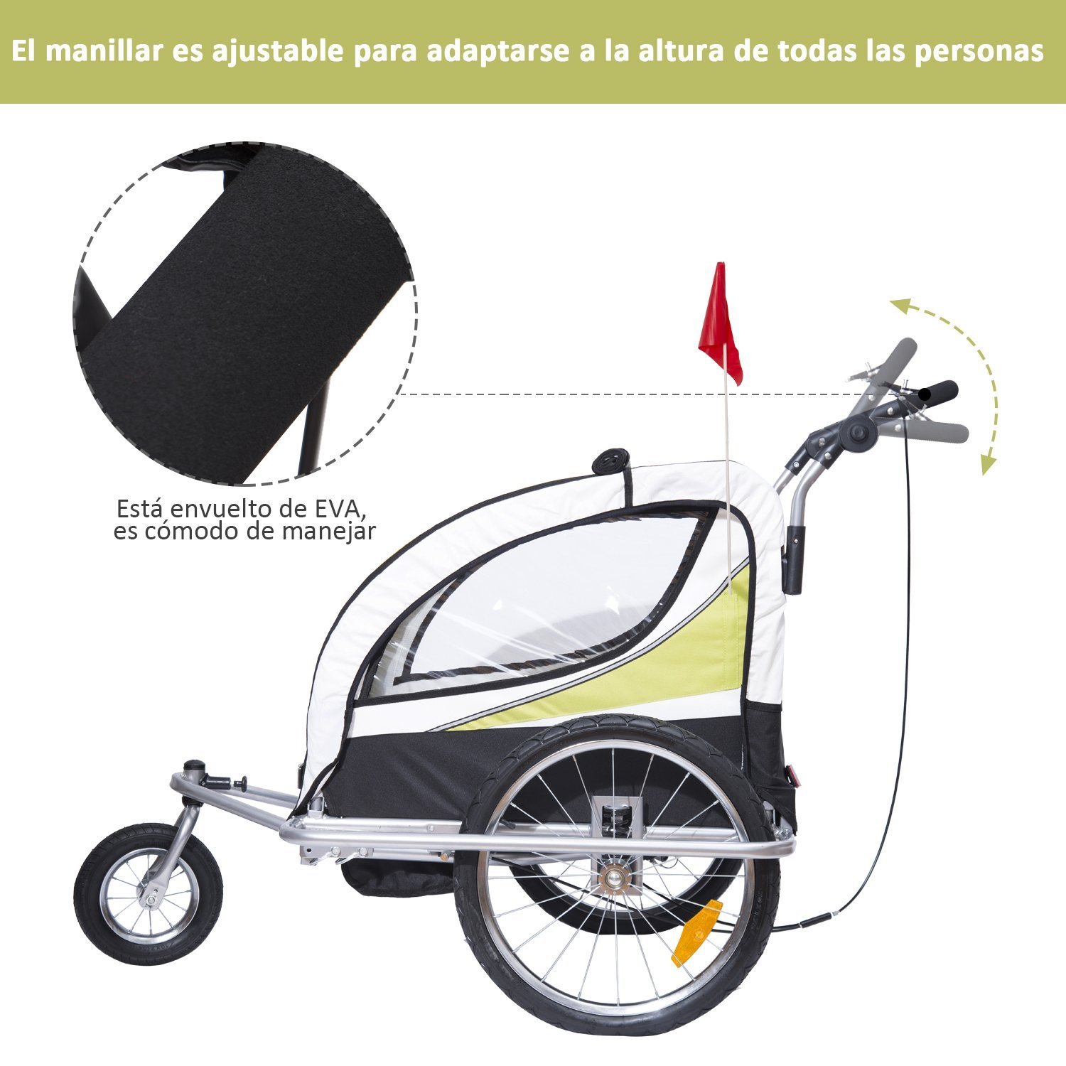 HOMCOM Remolque para Bicicleta tipo Carro con Barra de Paseo para Niños de 2 Plazas con Rueda Delantera Giratoria 360° y Asiento Acolchado Carga Máx. ...