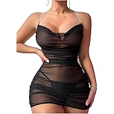 OYOANGLE Women's 2 Piece Lingerie Set Peal Beaded Halter Sheer Chemise with Thong Babydoll Sleepwear