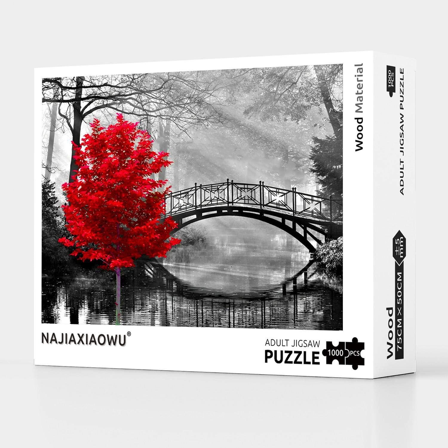 Najiaxiaowu Adult Puzzle Classic Jigsaw Puzzle 1000 Pieces Wooden Puzzle Diy Black And White Bridge And Red Tree Modern Home Decor Intellectual Game Wall Art Unique Gift 75x50cm Jigsaw Puzzles Puzzles Kiririgardenhotel Com