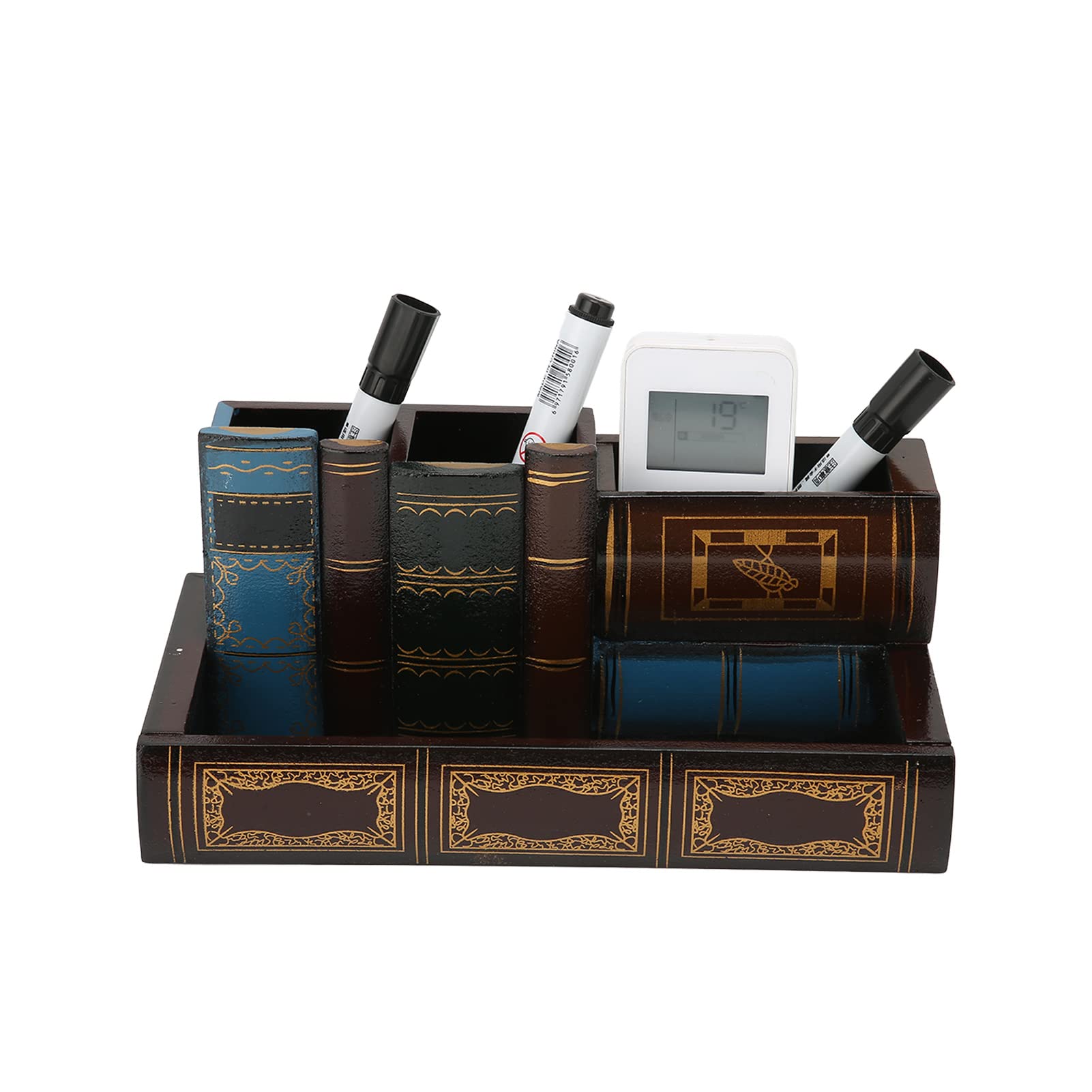 Pencil Holder Pot, Retro Pen Desk Organizer Wooden False Book Storage Box Jewelry Box Desk Pencil Holder Stand, Multi Purpose Pencil Organizer for Home Office Study Library