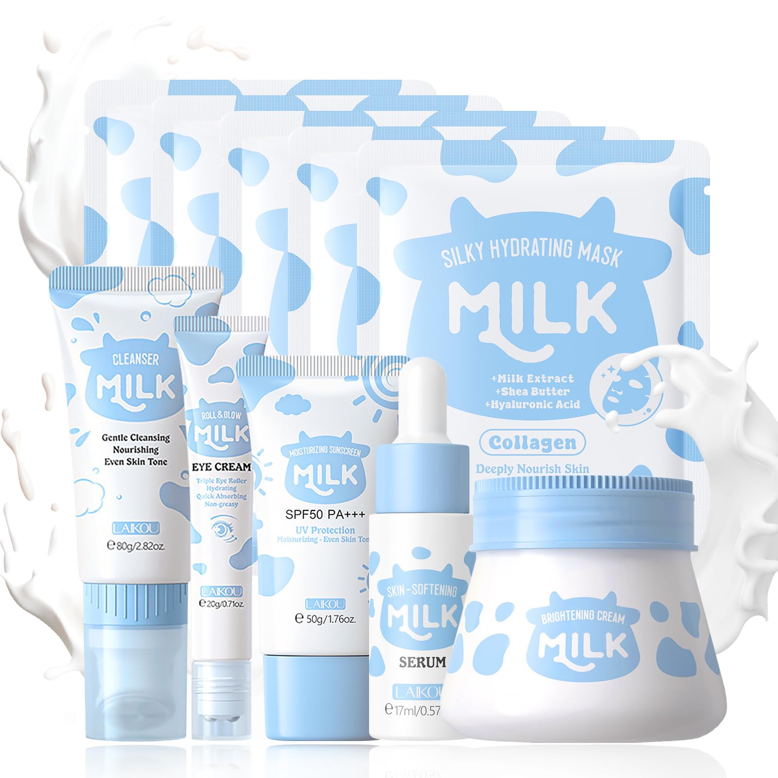 Milk Skincare Set for Teenagers and Girls Beauty Gift Kit with Cleanser, Eye Cream, Sunscreen, Serum, and Cream Facial Mask Included