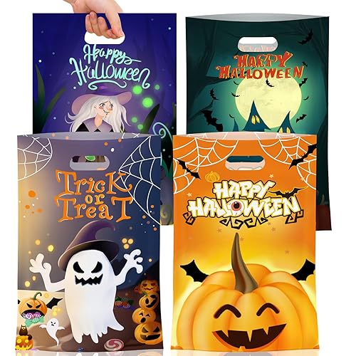 50 Pcs Halloween Goodie Bags with Handles - Happy Halloween Treat Bags, Trick or Treat Gift Bag Bulk, Plastic Helloween Tote Candy Goody Favor Bags for Kids Helloween Party Decorations Favors Supplies
