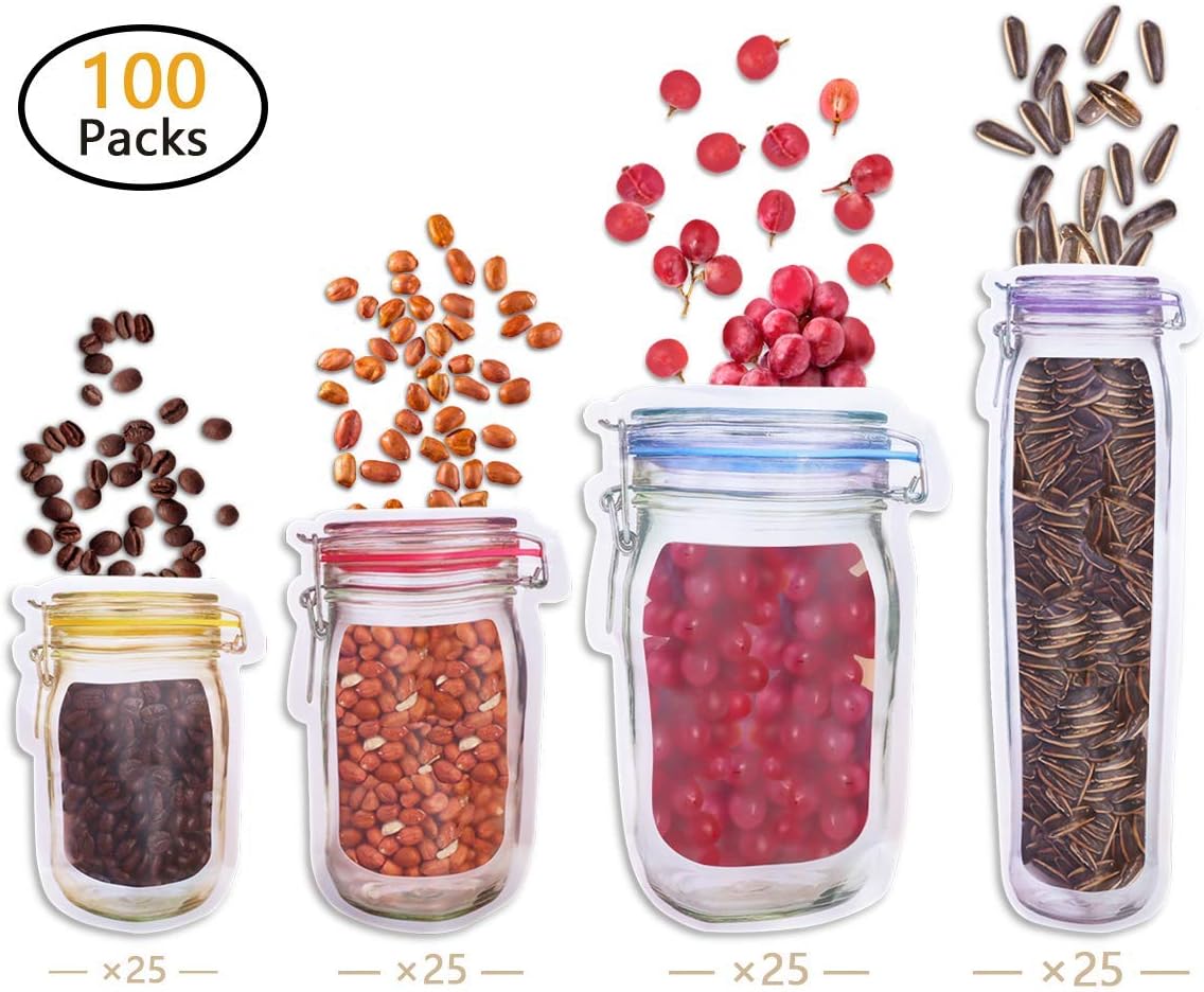 100 Pack Mason Jar Zipper Bags, Food Storage Snack Sandwich Zipper Bags, Reusable Airtight Seal Food Storage Bags, Leak-Proof Food Saver Bags for Travel Camping and Kids