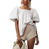 Tiko Miko Short Puff-Sleeve Dressy Blouses Smocked Square Ruffle Neck Loose Shirts Casual Womens Tops