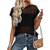 EVALESS Womens Tops Casual Summer Cap Short Sleeve Crochet Hollow Out Knit Sweater Vest Pullover T-Shirts Beach Coverup