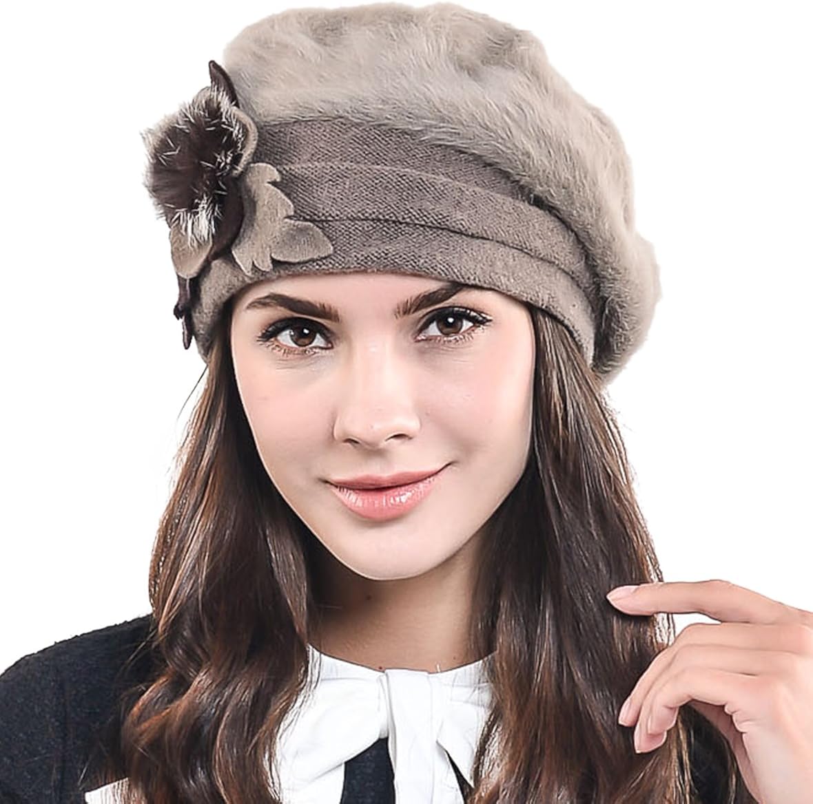 F&N STORY Lady French Beret Wool Beret Chic Beanie Winter Hat Jf-br034 (BR022-Brown Angora) at  Women’s Clothing store