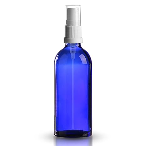 25 x Blauglasflasche 100ml royalblau / Sprühflasche inkl. Pumpzerstäuber / Sprühkopf weiss DIN 18 mit transparenter Schutzkap