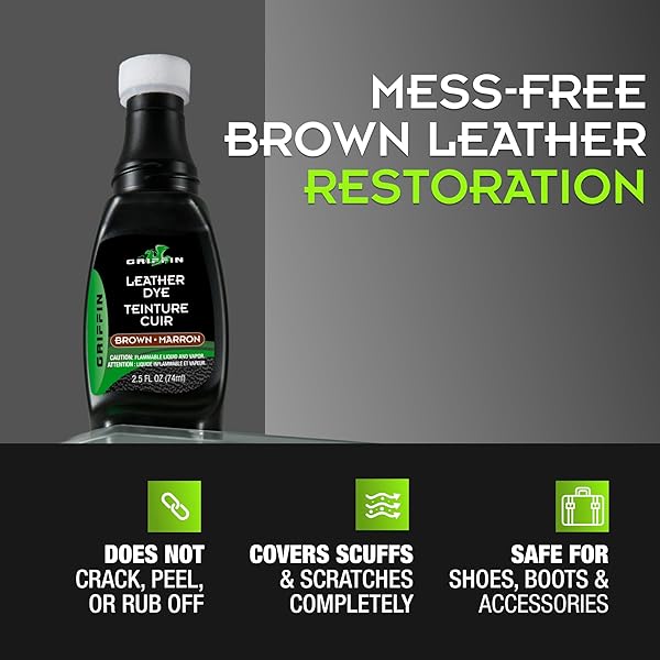 GRIFFIN BROWN SHOE DYE – 2.5 OZ – LEATHER COLOR RESTORER – REPAIRS SCUFFS, SCRATCHES & FADING – PERMANENT SHOE DYE KIT FOR LEATHER, SUEDE, FURNITURE, CAR SEATS, BOOTS & MORE – MADE IN USA