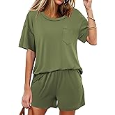 Ekouaer Women's 2 Piece Pajama Sets Short Sleeve Lounge Sets Soft Round Neck Top and Shorts Sleepwear