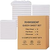 RHINSBENF Bulk Pack of 12 Queen Bed Sheet Sets Hotel Sheet Wholesale White Microfiber Hotel Bedding Essentials for Airbnb Hosts, Spa & Guest Room - Deep Pocket, Wrinkle-Resistant, Durable, Breathable
