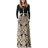 GRECERELLE Women Long Sleeve Casual Round Neck Loose Solid Floral Maxi Long Dress with Pockets, S-3XL