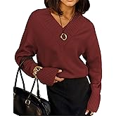 Womens Long Sleeve V Neck Sweaters 2025 Fall Casual Classic Soft Loose Fit Basic Pullover Jumper Top Winter Old Money Clothes