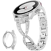 G-ficu Galaxy Watch 4 Band X-Shape Band for Samsung Galaxy Watch 4 & 5 Band-40mm with Screen Protector Case, 20mm Quick Release Women Bling Diamond Luxury Metal Band & Protective Cover Case (Silver)