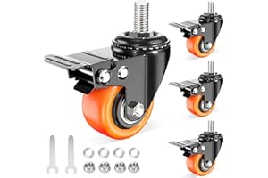 TAYLOON Caster Wheels Heavy Duty 2 Inch Stem Caster 600Lbs, Threaded Stem Casters 3/8"-16 x 1"(Stem Diameter 3/8", Stem Length 1"), Safety Locking Caster Set of 4, Industrial Castor Wheels for Cart,Furniture