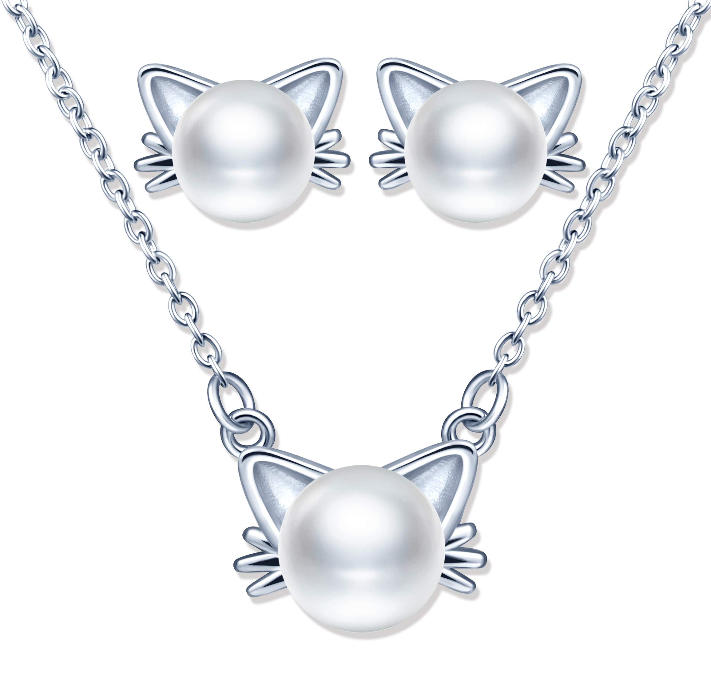 Yumilok 925 Sterling Silver Jewelry Set Cute Cat Pearl Necklace Stud Earrings for Women Girls