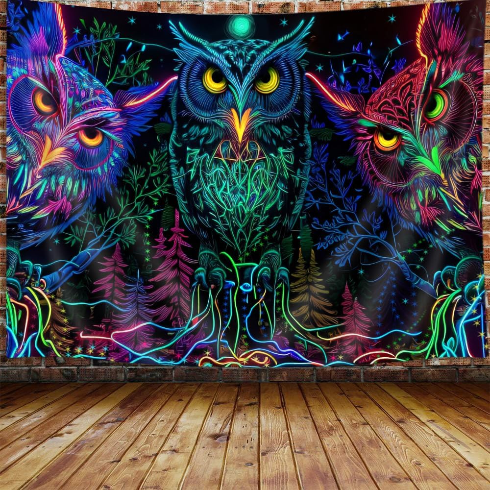 Tapestries - JAWO Psychedelic Owl Tapestry, Trippy Forest Line Art Tapestry Wall Hanging for Bedroom, Moon Animal Bird Blacklight Tapestry Home Decor 60X40 Inch