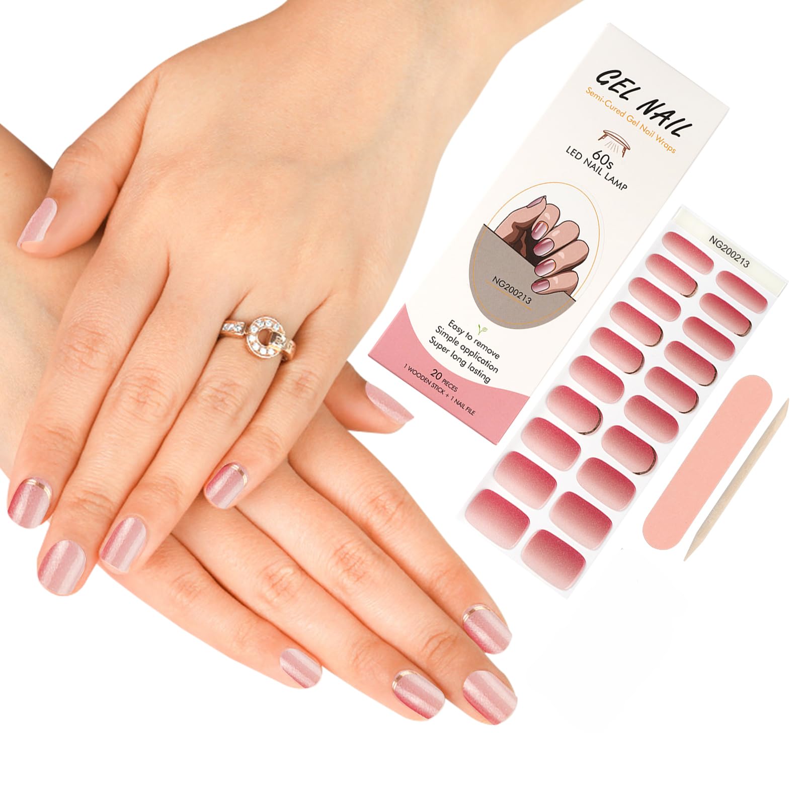 ZAHRVIA Semi Cured Gel Nail Wraps, 20 Pcs Gel Nail Polish Strips for Salon-Quality Manicure Set with Nail File & Wooden Cuticle Stick
