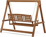 Furinno TIOMAN Outdoor 3 Seater Porch Swing with Stand, Natural Wood view 4