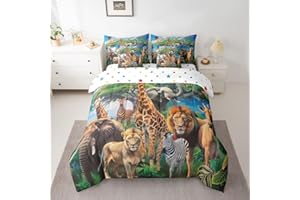 jejeloiu Safari Print Comforter Set Full Size 7 Pieces Jungle Theme Bedding Set for Kids Boys Girls Safari Forest Animals Bed