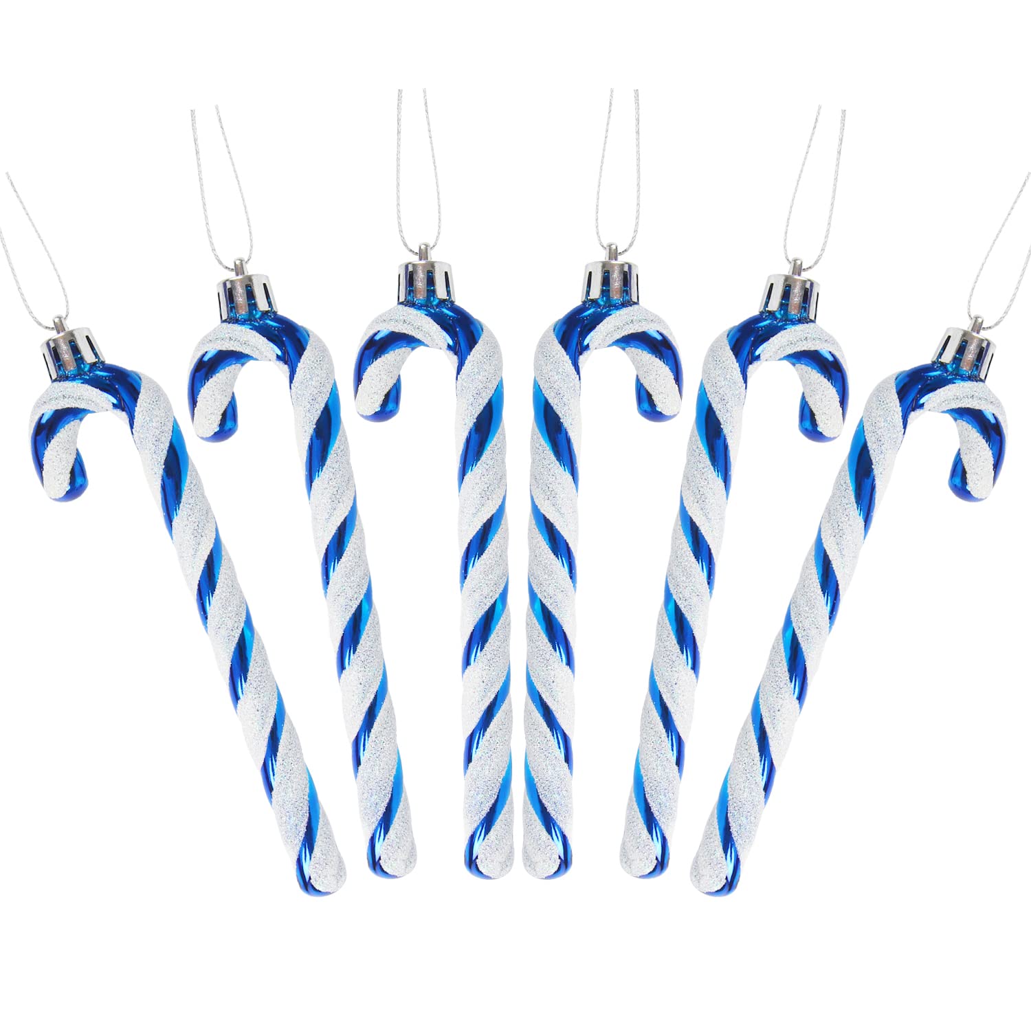 DERAYEE 6 PCS Christmas Glitter Candy Cane Plastic Candy Cane Christmas Tree Decorations for Xmas New Year Party Supplies (Blue&White)