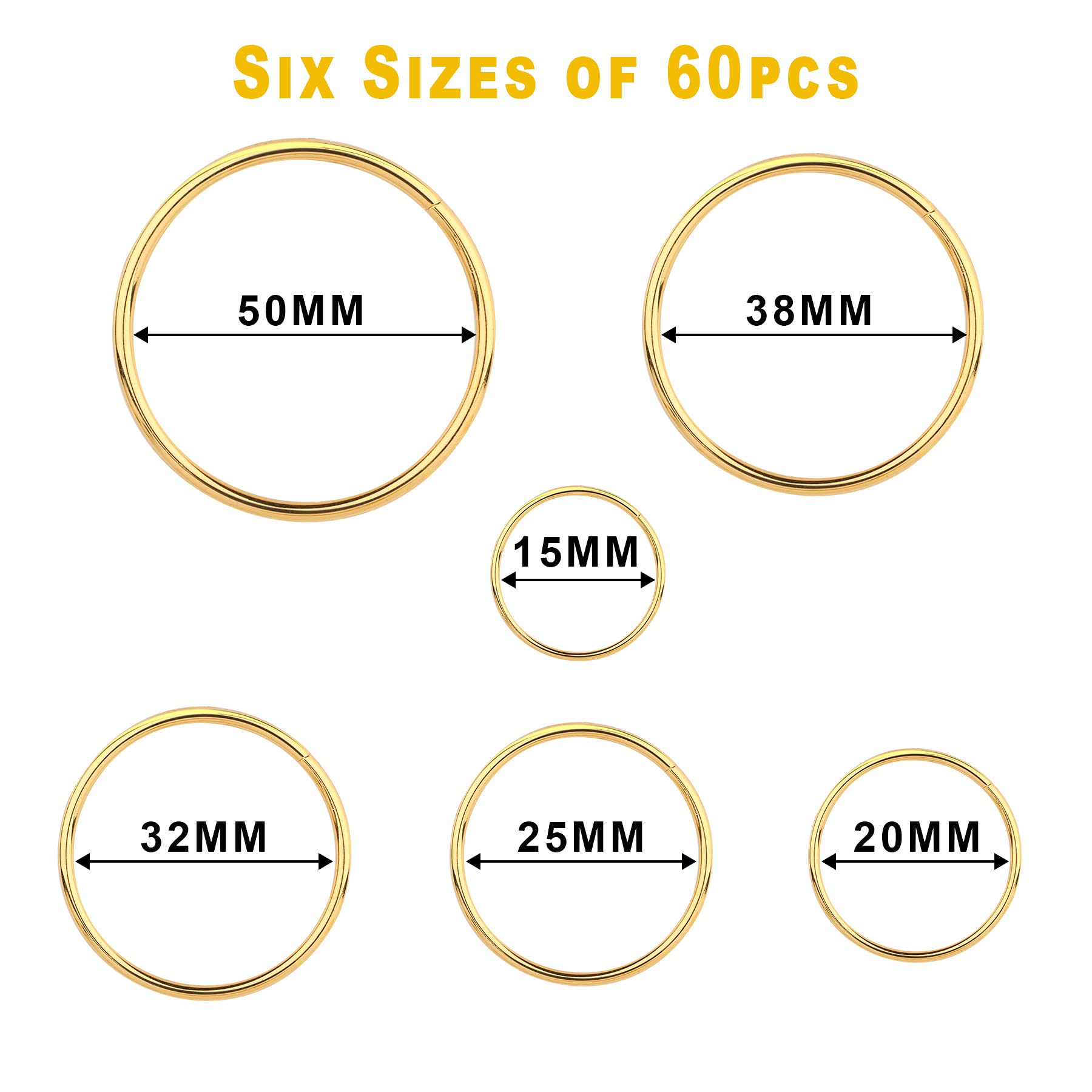 60Pcs 6 Sizes Gold Metal O Rings Multi-Purpose Buckle Loop Ring for Hardware Bags DIY Keychains Belts Craft Projects, 15mm, 20mm, 25mm, 32mm, 38mm, 50mm