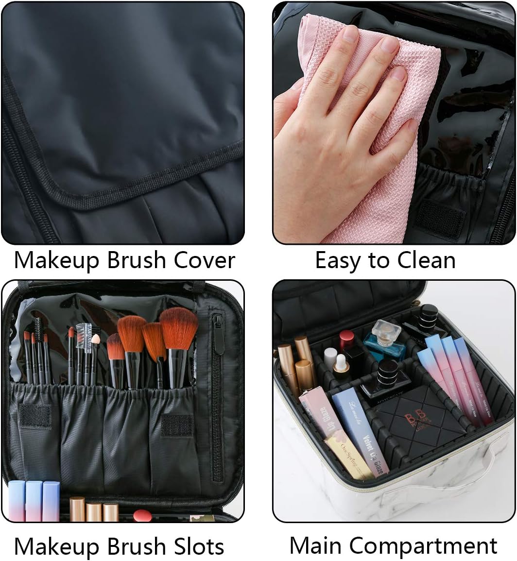 Gloriest Makeup Organizer Bag Travel Case Portable Cosmetic Storage Bag with Adjustable Dividers for Women Makeup Brush Tools Gadgets Gift, Marble White
