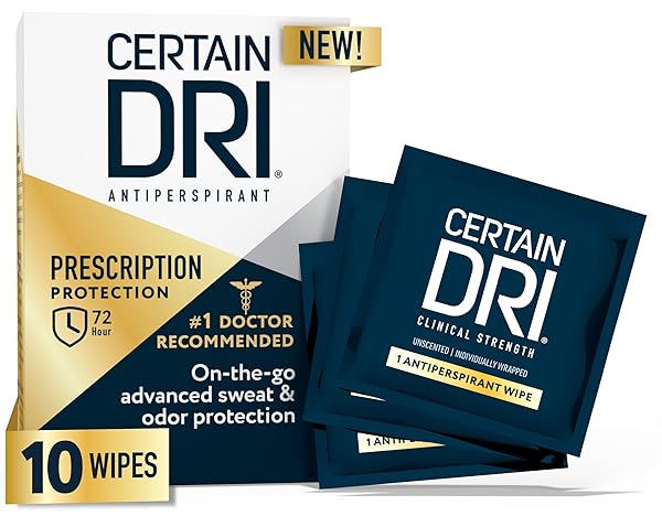 CERTAIN DRI ANTIPERSPIRANT WIPES FOR EXCESSIVE SWEATING & HYPERHIDROSIS – 72HR CLINICAL STRENGTH ODOR & PERSPIRATION PROTECTION, TRAVEL-FRIENDLY, DERMATOLOGIST RECOMMENDED, (10 COUNT)