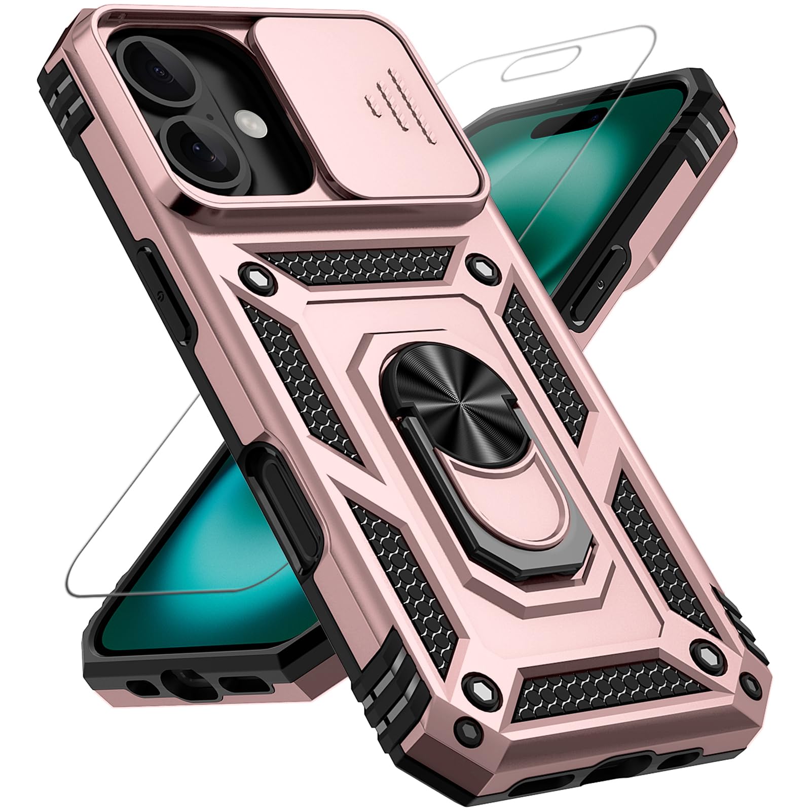 for iPhone 17 Case, with Slide Camera Cover HD Screen Protector [Military Grade 16ft. Drop Tested] Ring Holder Kickstand Protective Phone Case for Apple iPhone 17, Rose Gold