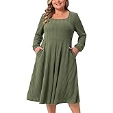 Agnes Orinda Plus Size Knit Dress for Women Square Neck Long Sleeve Casual Flowy A Line Midi Dresses with Pockets