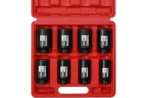 CASOMAN 1/2-Inch Drive Deep Spindle Axle Nut Impact Socket Set, 6 Point, CR-MO, SAE, 1" to 1-1/2", 8-Piece 1/2" Dr. Deep Impa