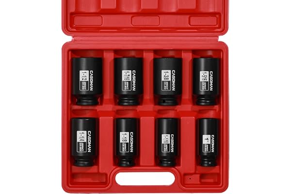 CASOMAN 1/2-Inch Drive Deep Spindle Axle Nut Impact Socket Set, 6 Point, CR-MO, SAE, 1" to 1-1/2", 8-Piece 1/2" Dr. Deep Impa