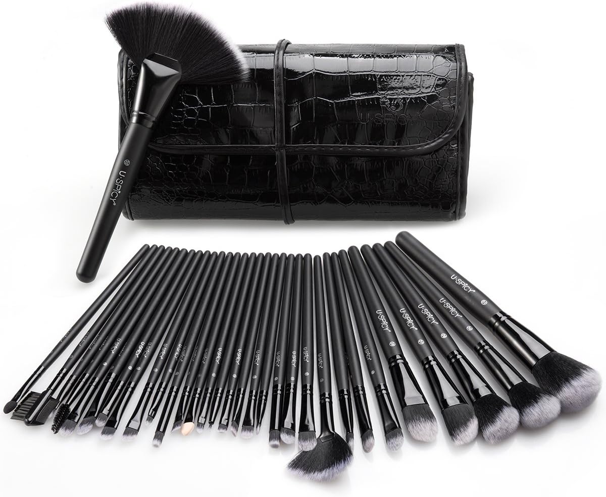 Makeup Brushes, USpicy 32 Pcs Premium Synthetic Professional Makeup Brushe Set Essential Cosmetics With Case, Face Eye Shadow Eyeliner Foundation Blush Lip Powder Liquid Cream Blending Brush-Black