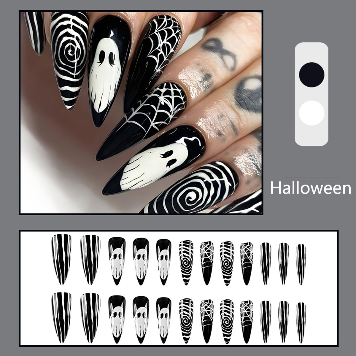 Halloween Horror Ghost Press on Nails Long Pointed Fake Nails Black White Stripe Spider Web Halloween Nail Art Designs Full Cover Glue on Nails Glossy Reusable Artificial False Nails for Women 24Pcs - Image 2