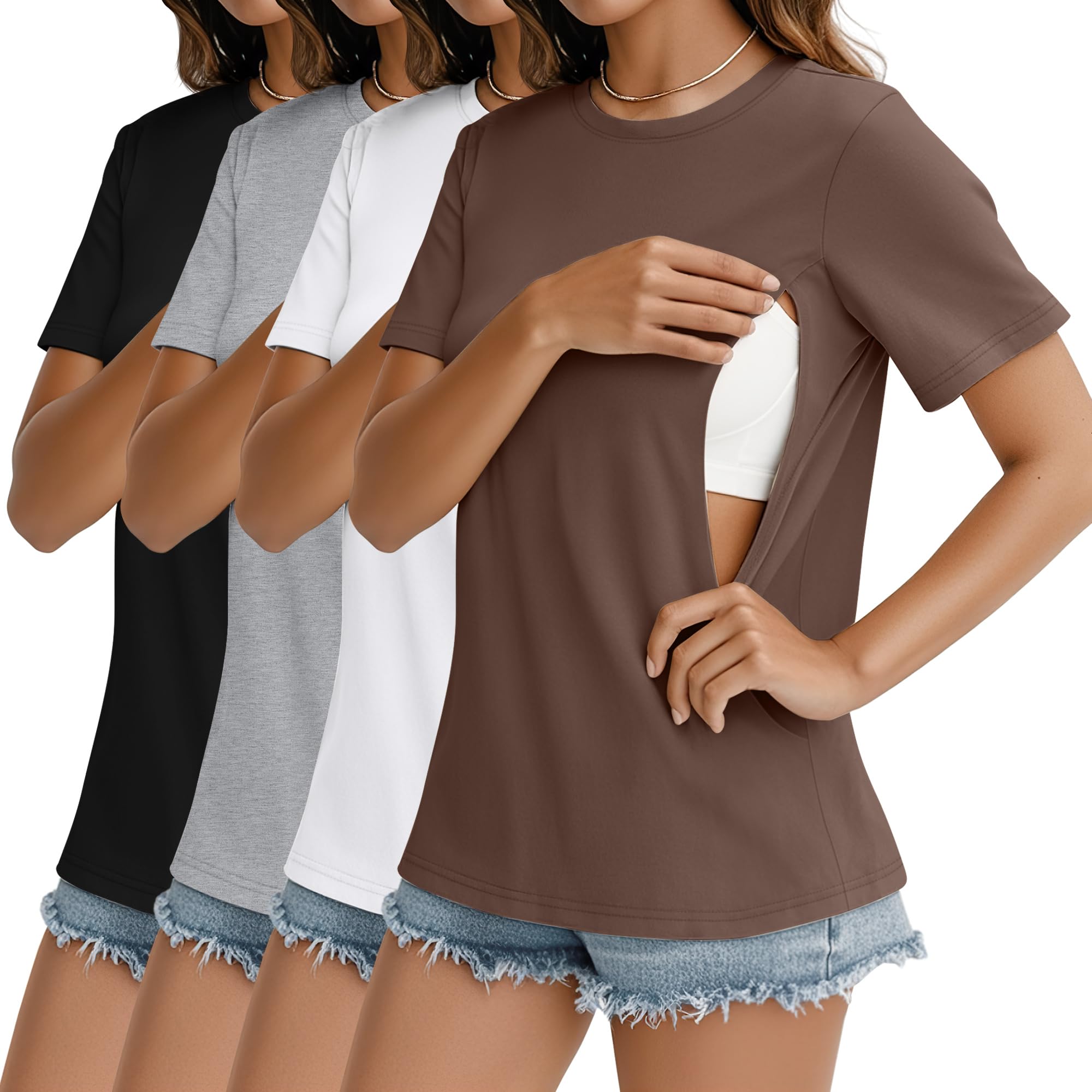 Photo 1 of ***missing parts***Oakgarden 4 Pack Women's Nursing Breastfeeding Shirts with Zipper Cotton Loose Fit Short Sleeve Maternity Top Nursing Clothes(Brown, White, Light Gray, Black,Medium)