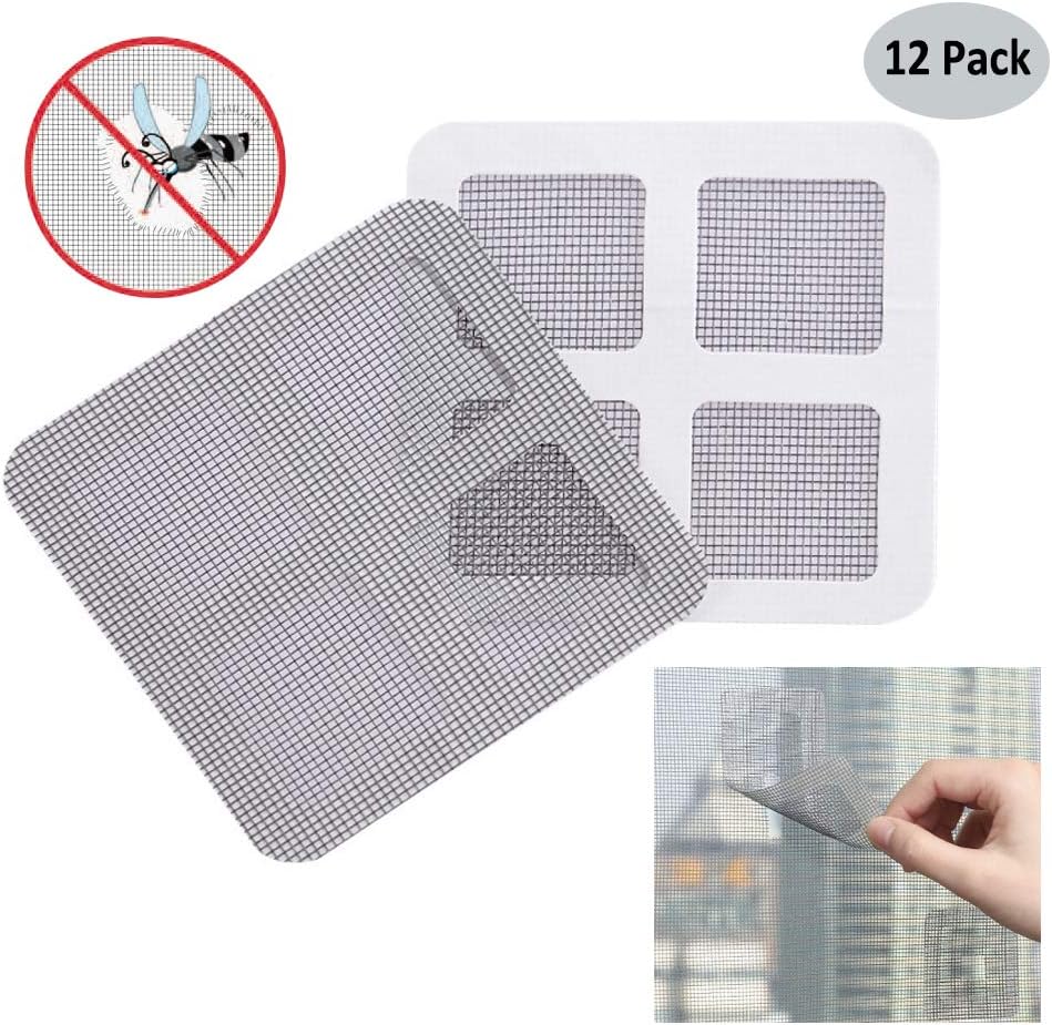 Window and Door Screen Repair Kit - Fiberglass Screen Repair Patches, Strong Adhesive Screen Repair Stickers Mesh Film Ideal for Fixing Small Holes and Tears, 4" x 4", Gray, 12 Pack