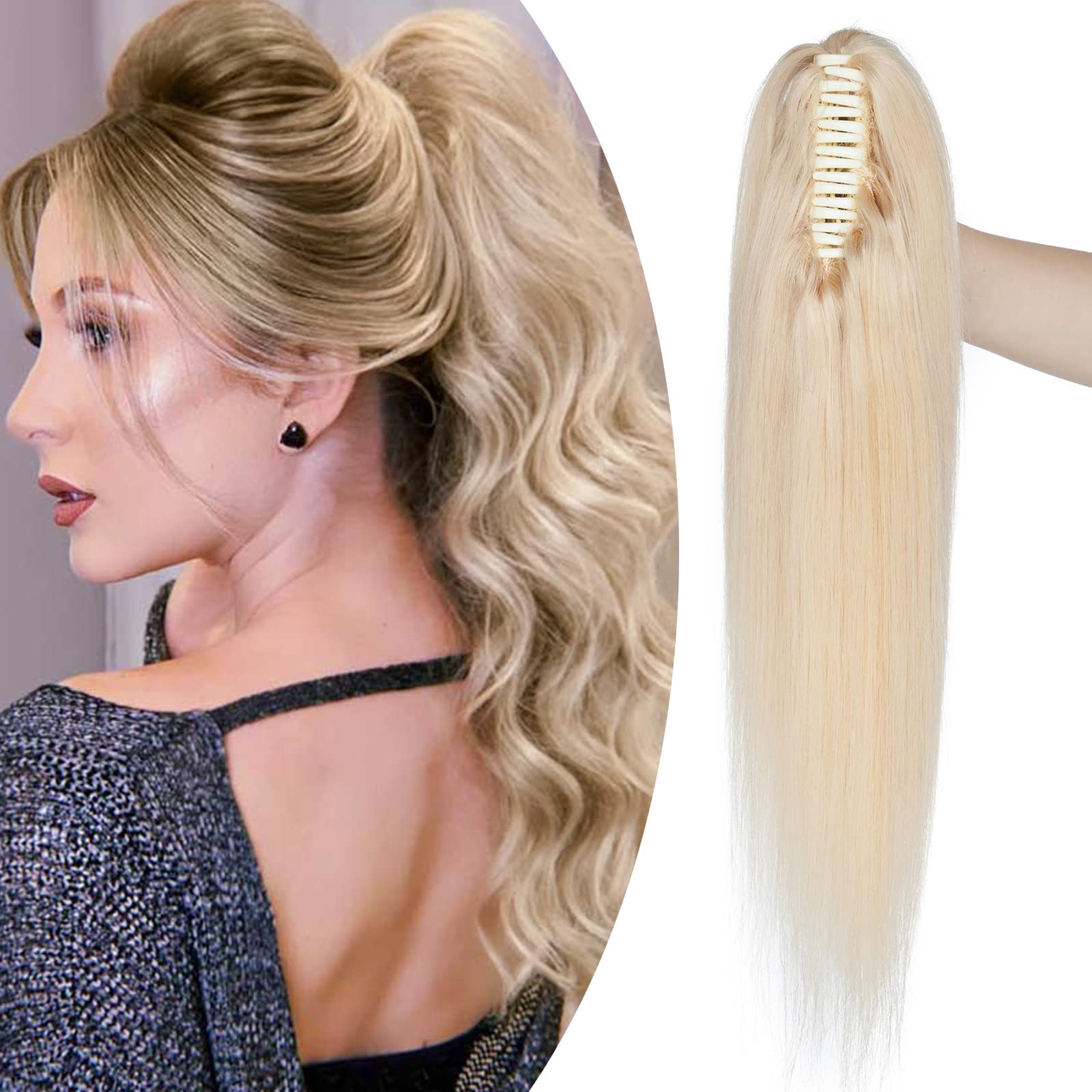 18" Human Hair Ponytail Extension Claw on #60 Platinum Blonde (115g)