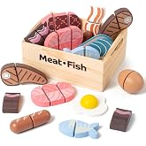 Kienvy 10-Piece Meat &amp; Fish Wooden Play Food, Pretend Cutting Toys, 3+ | 10 meat &amp; fish with storage box, hook &amp; loop cutting toys, protein foods, birthday Christmas present for kids 3+