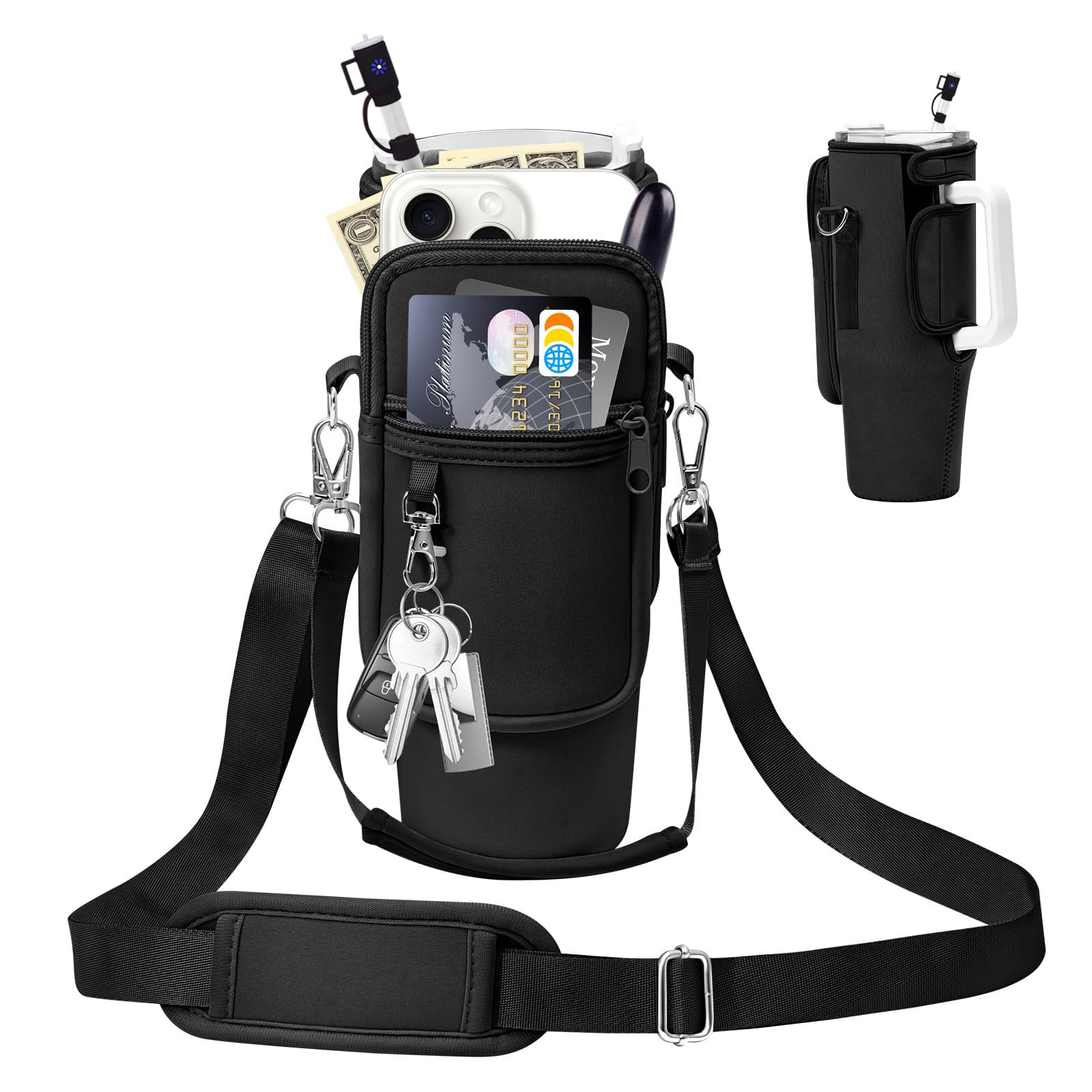 Coolicee Stanley Sports Bottle Cover for 40oz Shoulder Strap with Straw Cap Stanley Cup Holder Cold Insulated Adjustable Handbag Crossbody Outdoor Camping (Black), BT-01