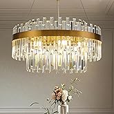 PAFEE Modern Luxury Brushed Gold Round Crystal Chandelier, 9-Light 2-Tier Raindrop Adjustable Flush Mount Pendant Light for D