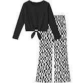Yekaty Girls Clothes Tie Front Long Sleeve T Shirts Tops Flare Pants Girls' Clothing Sets 2 Peice Fall Outfits Size 5-12Y