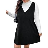 WDIRARA Women's Plus Size Corduroy V Neck Tank Overall Dress Sleeveless Loose Casual Short Dress