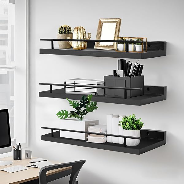 IJRPLM FLOATING SHELVES WALL MOUNTED SET OF 3, BLACK WOOD STORAGE SHELF, BATHROOM WALL SHELVES OVER TOILET, FLOATING SHELF FOR BATHROOM LIVING ROOM BEDROOM KITCHEN OFFICE
