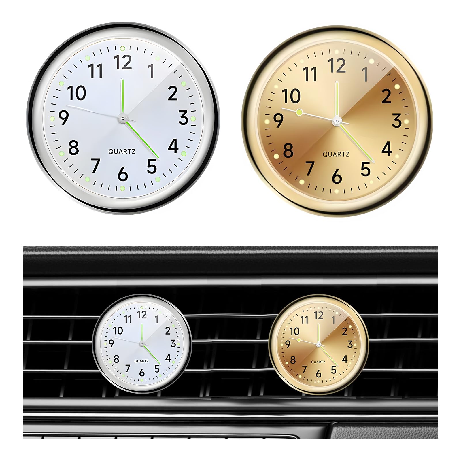 Photo 1 of Dickno 2 PCS Stick on Dashboard Car Clock, Mini Tiny Analog Quartz Luminous Air Vent Clocks, Self Adhesive Automotive Vent Clocks Watch, Vehicle Clock for Dashboard Decoration (Golden+White)