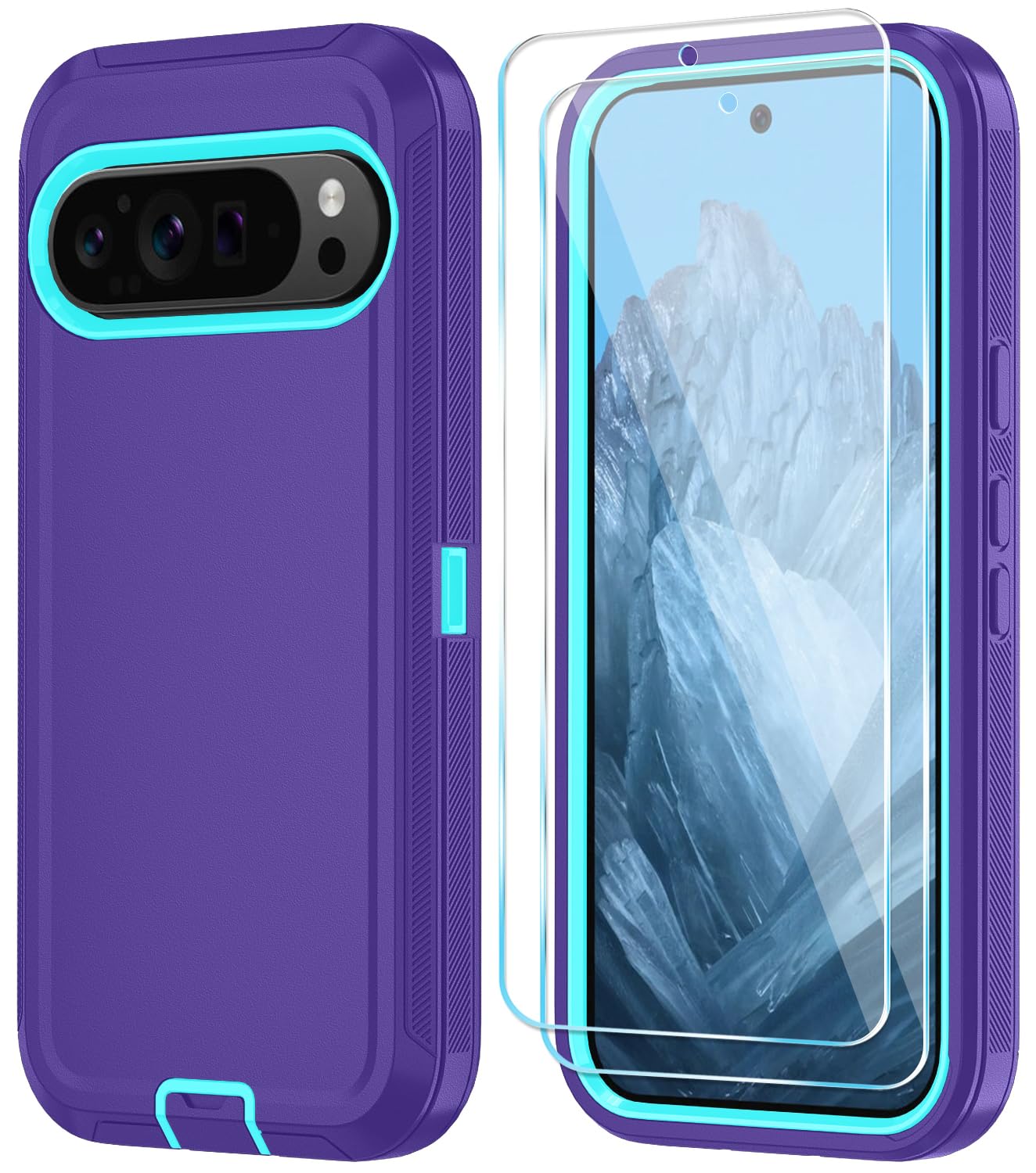 Qinmay Phone Case for Google Pixel 9 Pro XL Case with HD Screen Protector, Heavy Duty Shockproof & Dropproof 3-Layer Cover Phone Case for Pixel 9 Pro XL,PurpleSkyBlue