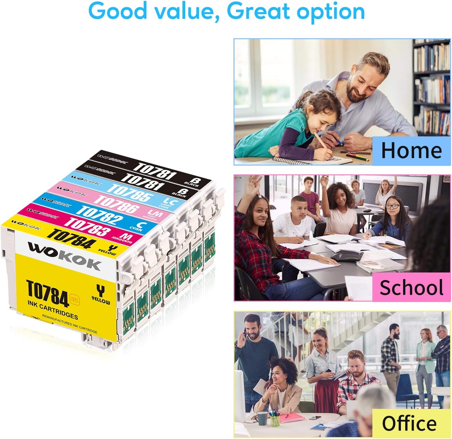 WOKOK Remanufactured Ink Cartridge Replacement for Epson 78 Ink Cartridges, T078 for Epson Artisan 50 Stylus Photo R260 R280 R380 RX580 RX595 RX680 (2BK, 1C, 1M, 1Y, 1LC, 1LM): Office Products