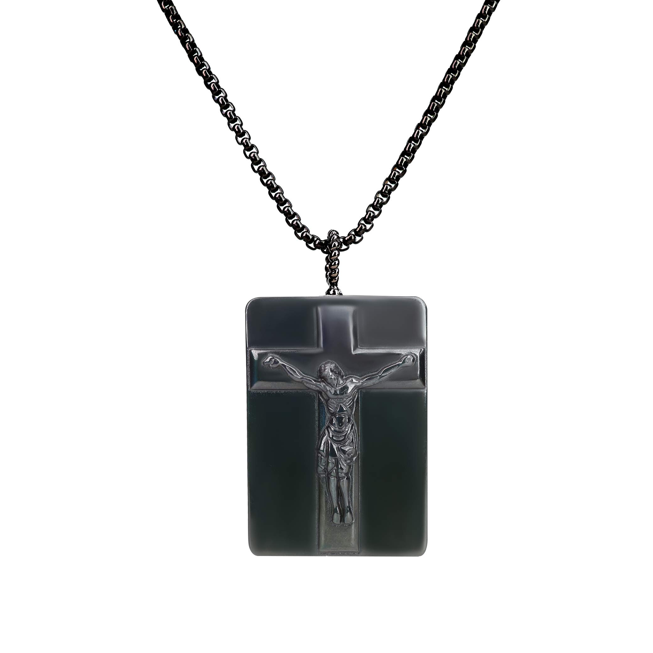 COAI Christian Jewelry Black Obsidian Jesus Crucifix Necklace