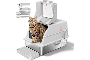 Aoktech Stainless Steel Litter Box with Lid, Metal Litter Pan for Big Cats, Cover with High Sided Enclosure, XL Extra Large Enclosed Litter Box, Scoop & Step, Anti-Leakage, Non-Sticky, Easy Cleaning